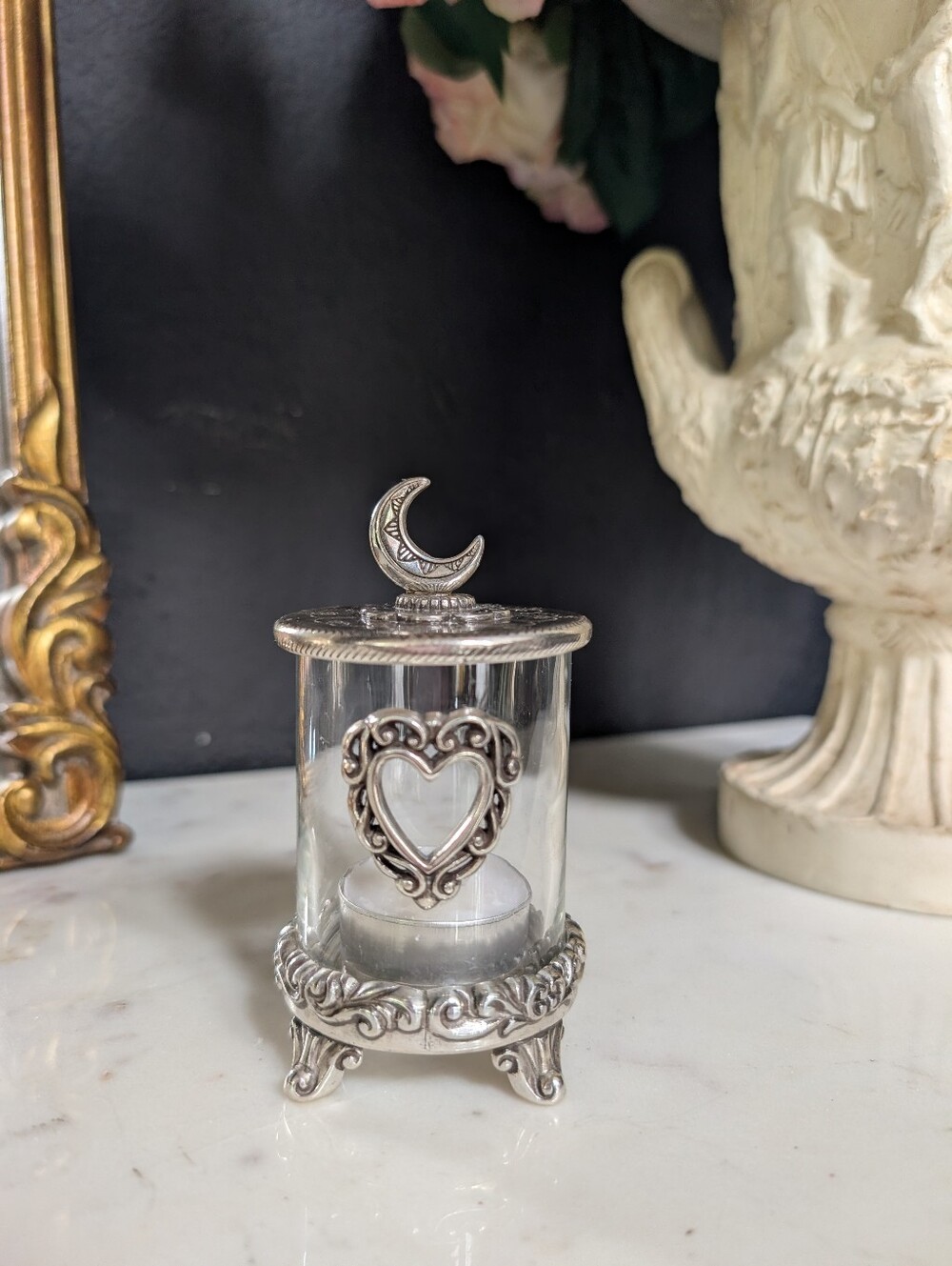 VTG Brighton SilverTone Filigree Heart Votive Tealight Candle Holder Glass